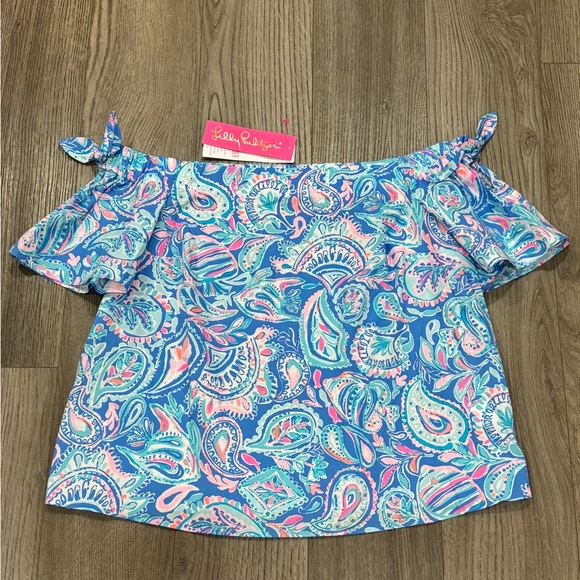COPY - NWT Lilly Pulitzer Top Tamara Off-the-Shoulder Blue Pink Fish Women’s Si… - Picture 6 of 14